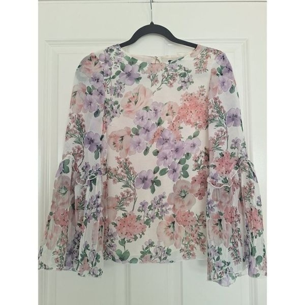 MASSIMO DUTTI Floral Blouse Bell Sleeve Shirt‎ Ruffle Top White Pink Purple Sz 2